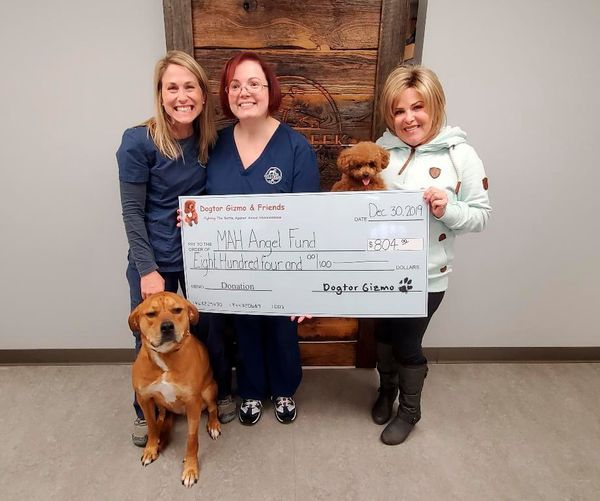 Three women holding Gizmo the dog, another larger dog, and a donation check for Millcreek animal hospital 