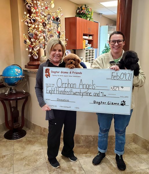Two women holding Gizmo and Gadget the dogs and a donation check for Orphan Angels 