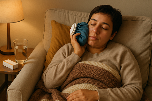 facts about wisdom teeth young woman using ice pack on face at home